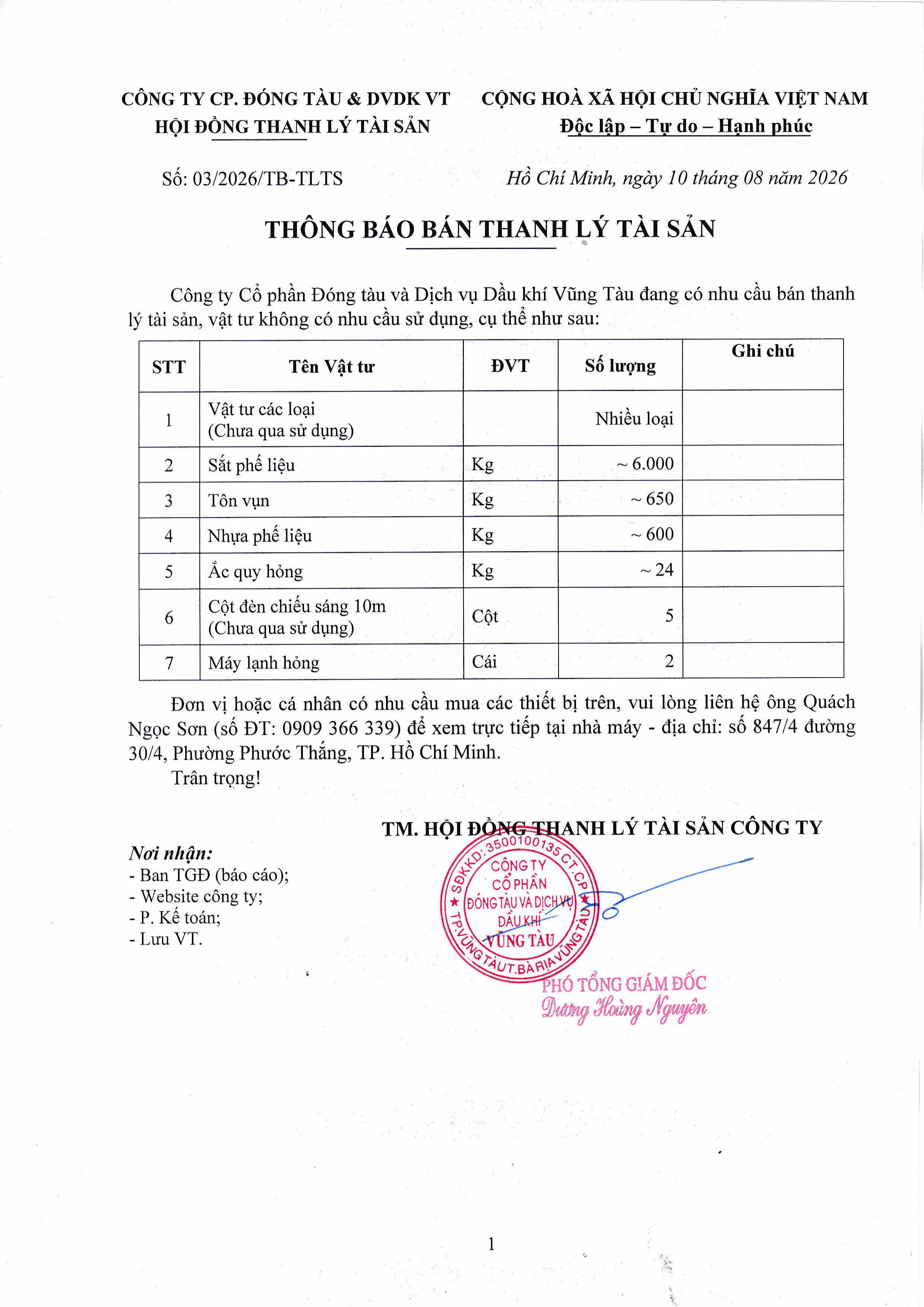 THÔNG BÁO BÁN THANH LÝ TÀI SẢN