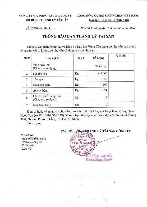 THÔNG BÁO BÁN THANH LÝ TÀI SẢN